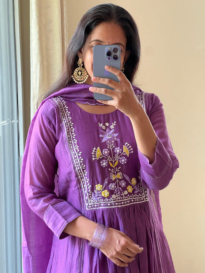 A0422 purple mul chanderi 3 piece dress with hand embroidery detailing