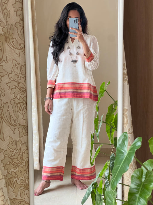 A0165 cream Bengal cotton jamdani coord set