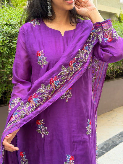 A0620 purple mul chanderi 3 piece suit with Kantha work detailing all over the dress & duppatta
