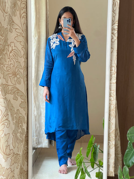 A0437 blue chinnon two piece dress with chips hand embroidery detailing