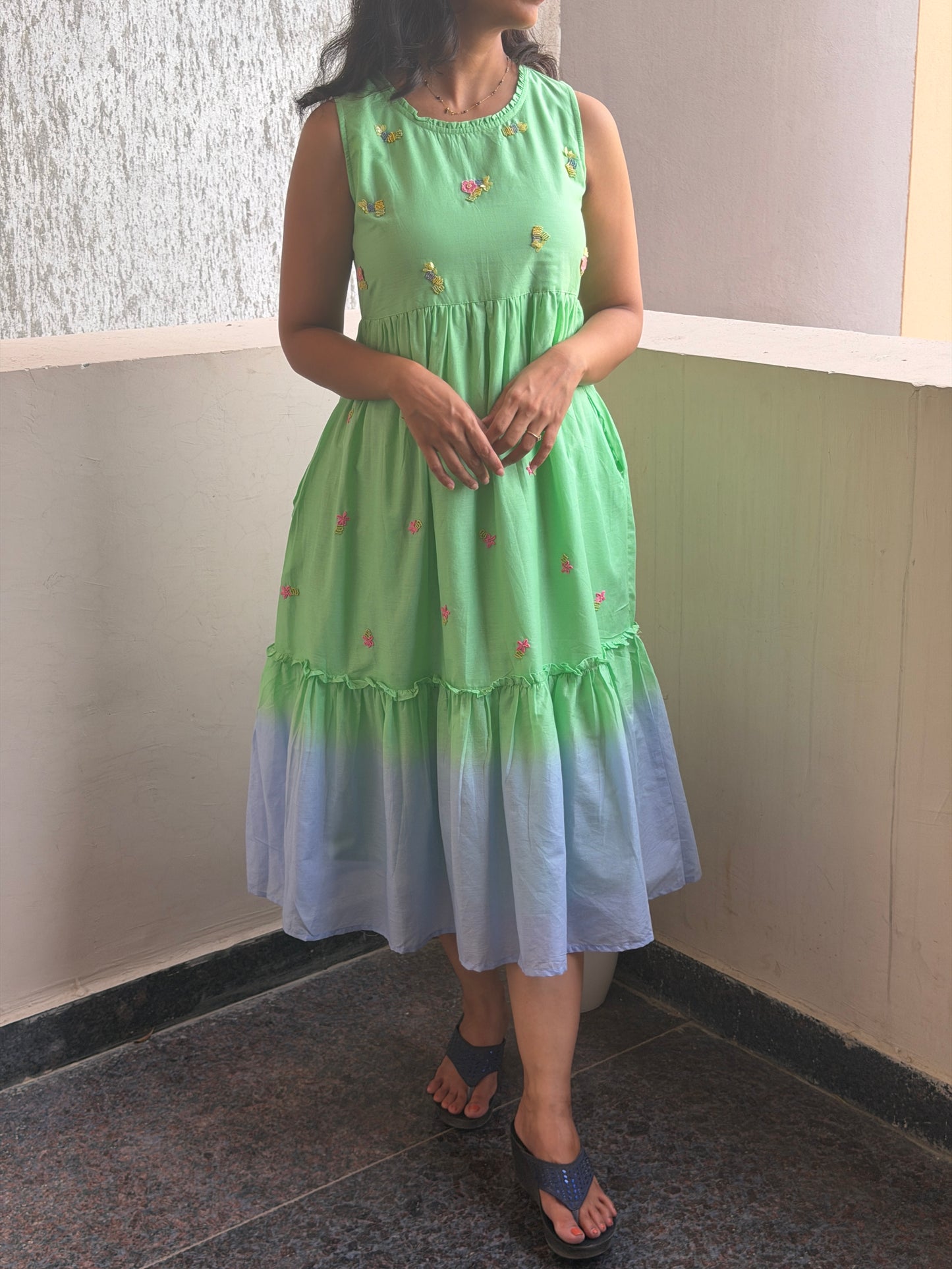A0761 sea green & blue Mul cotton shaded one piece dress with hand embroidery detailing all over the dress