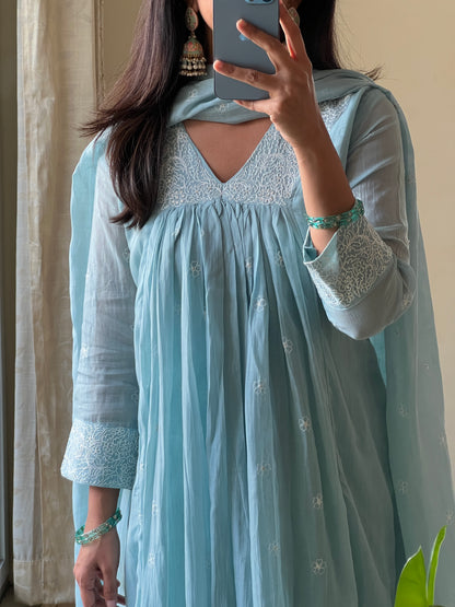 A0579 sea blue mul chanderi 3 piece dress with thread work embroidery over the neck & butties all over the dress & duppatta