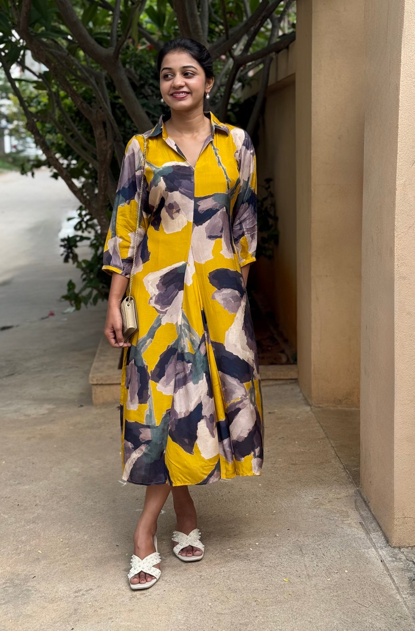A0788 Cotton silk yellow dress with digital print