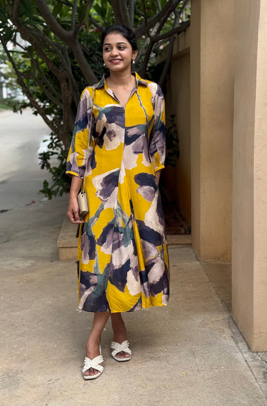 A0788 Cotton silk yellow dress with digital print