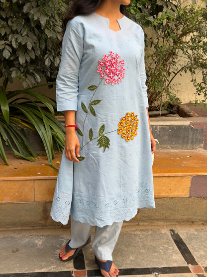 A0653 Mul cotton 2pc powder blue set with applique, 3d flowers and hakoba detailing