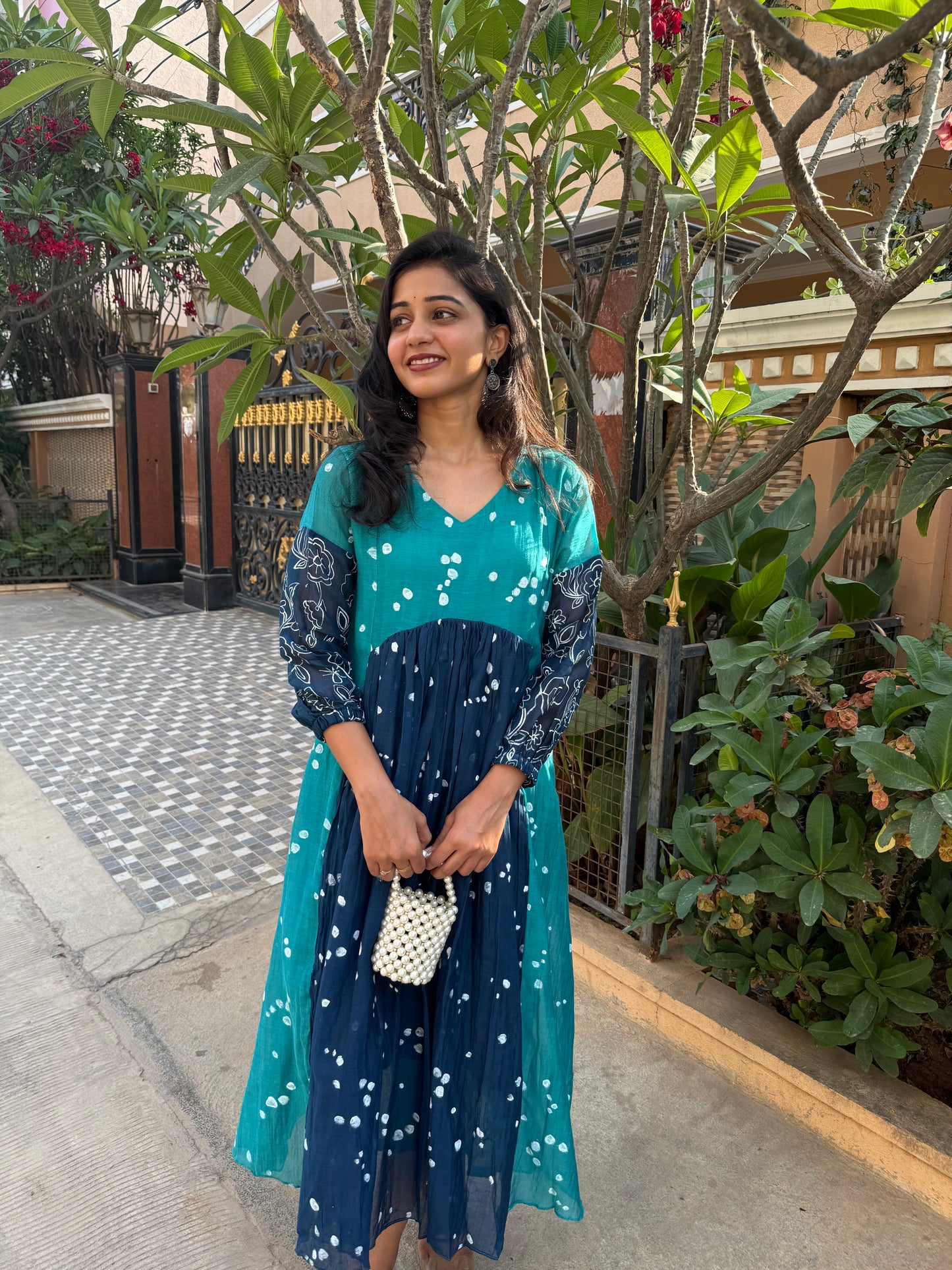 A0444 This stunning block-printed dress is crafted from a luxurious blend of premium MulChanderi fabric. Experience the ultimate in eco-friendly fashion and artistic detail of Block print.