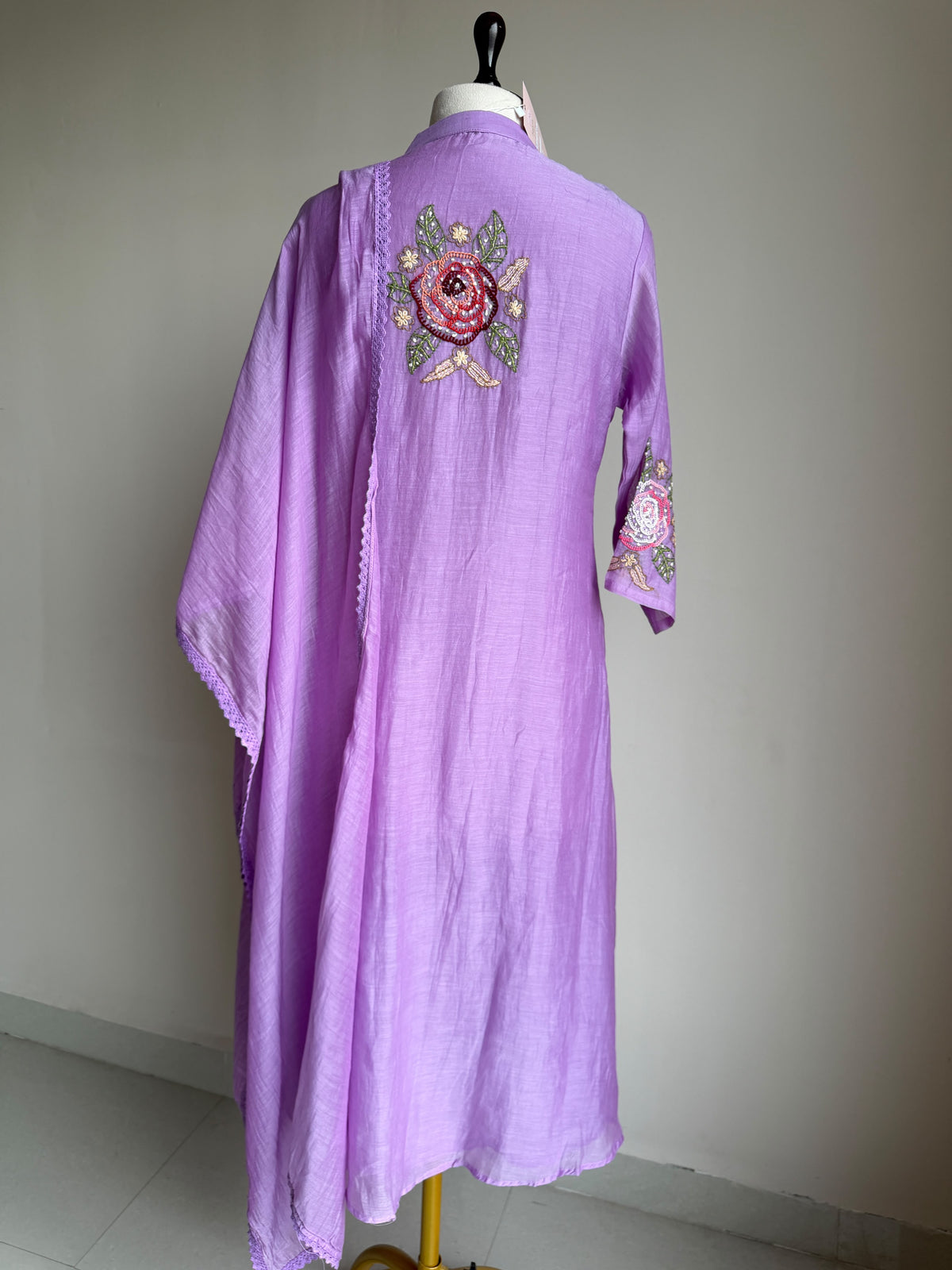 A0842 lavender mul chanderi floral hand embroidery 3 piece dress