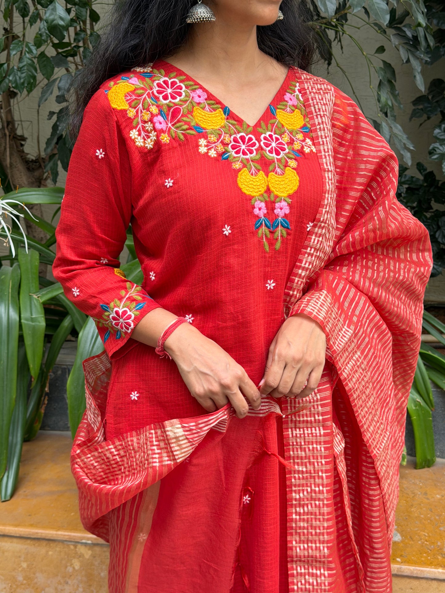 A0681 rust cotton kota straight cut 3 piece dress with stripes duppatta & kota pants comes with complete cotton lining