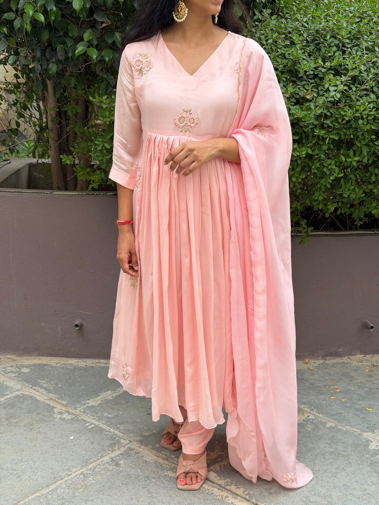 A0676 peach Chinnon 3 piece dress with hand embroidery butties all over the dress with organza cut work duppatta