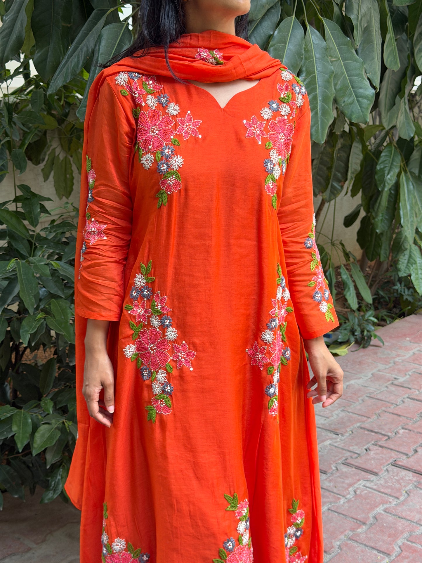 A0797 Orange Mul Chanderi 3pc set with hand embroidery and kanta work