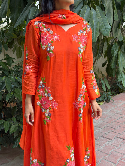 A0797 Orange Mul Chanderi 3pc set with hand embroidery and kanta work