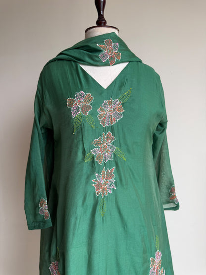A0839 green mul chanderi Kantha work a line 3 pc dress