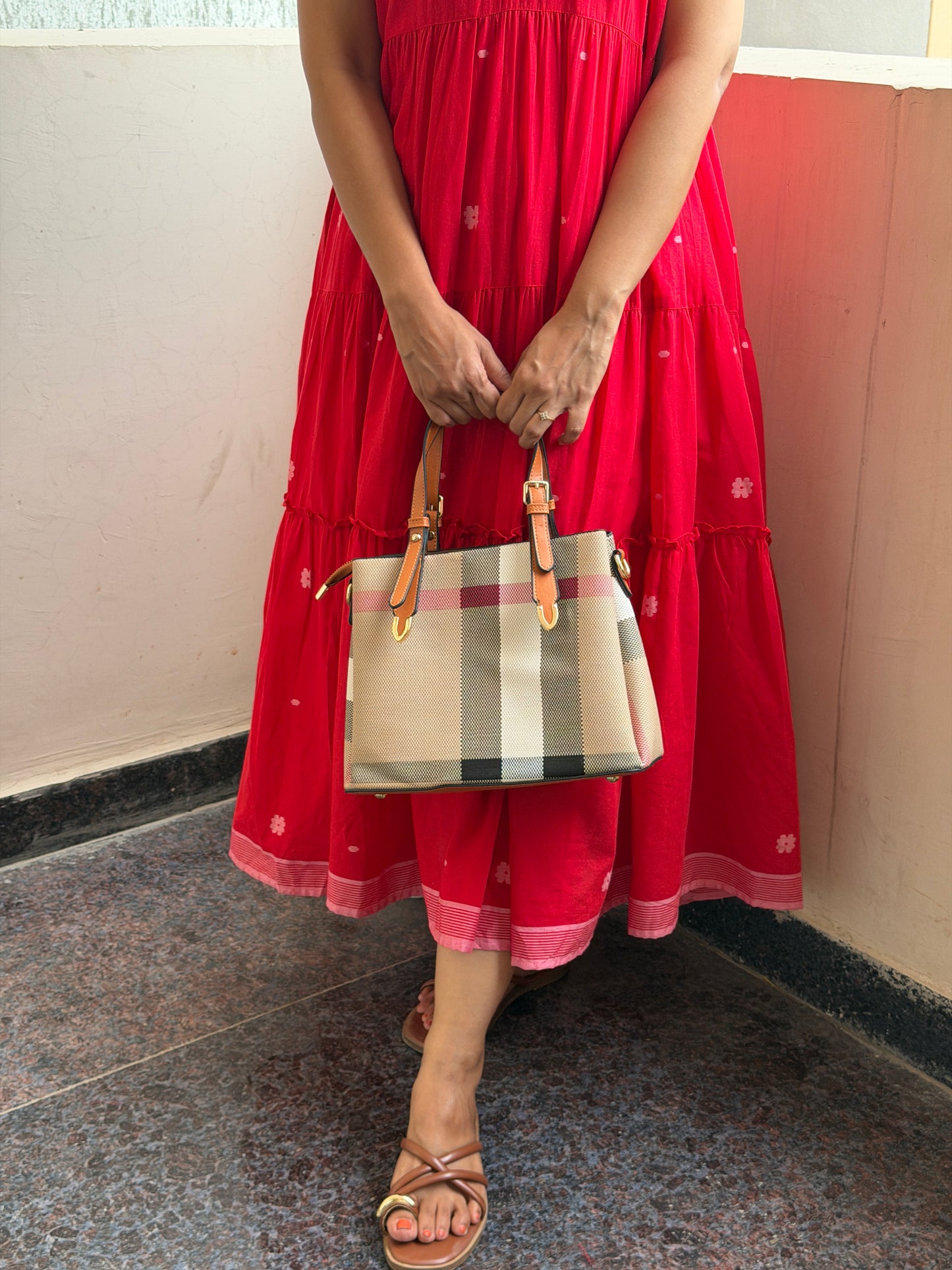 A0752 Red bengal cotton Jamdani one piece dress with hand embroidery on yoke part
