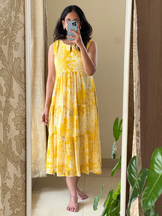 A0527 yellow premium cotton silk one piece floral printed dress, sleeves can be attached