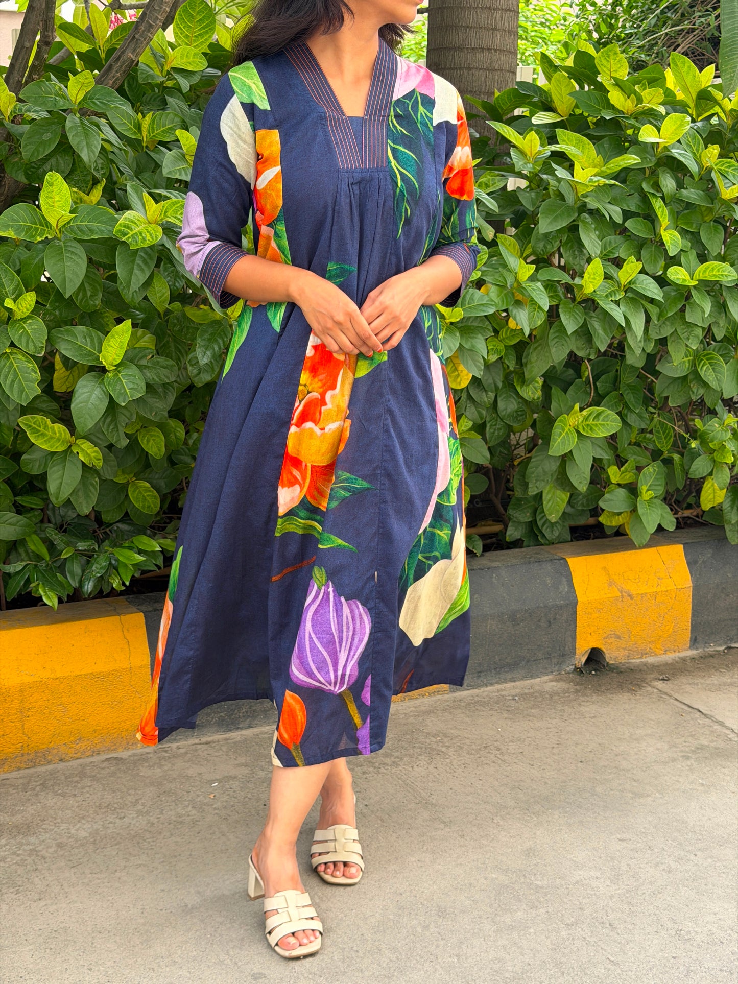 A0820 navy blue floral digital printed mul cotton dress