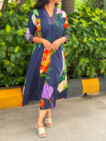 A0820 navy blue floral digital printed mul cotton dress