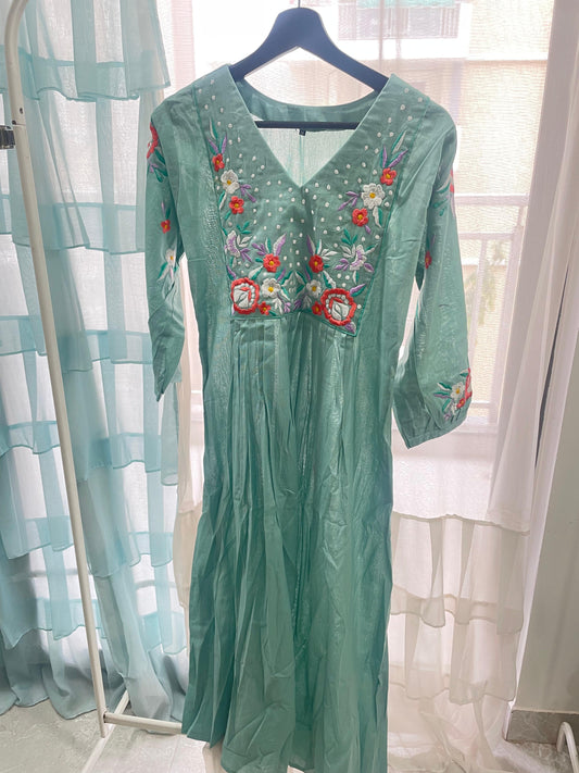 A0485 sea green Mulmul cotton 2 piece dress with machine embroidery detailing