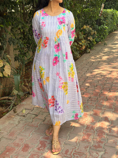 A0737 lavender stripes mul cotton frock with floral digital printed butties all over the dress