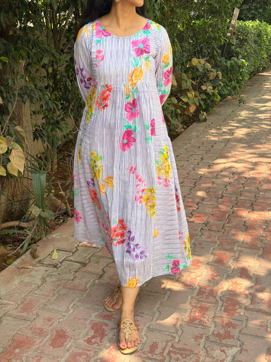 A0737 lavender stripes mul cotton frock with floral digital printed butties all over the dress