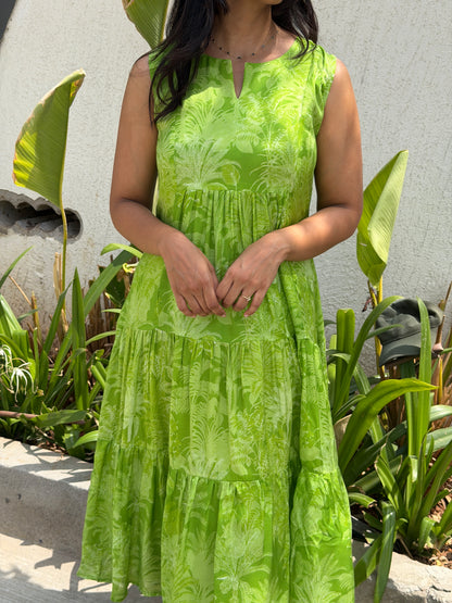 A0783 Pure Cotton silk dress in tropical theme in beautiful green shade