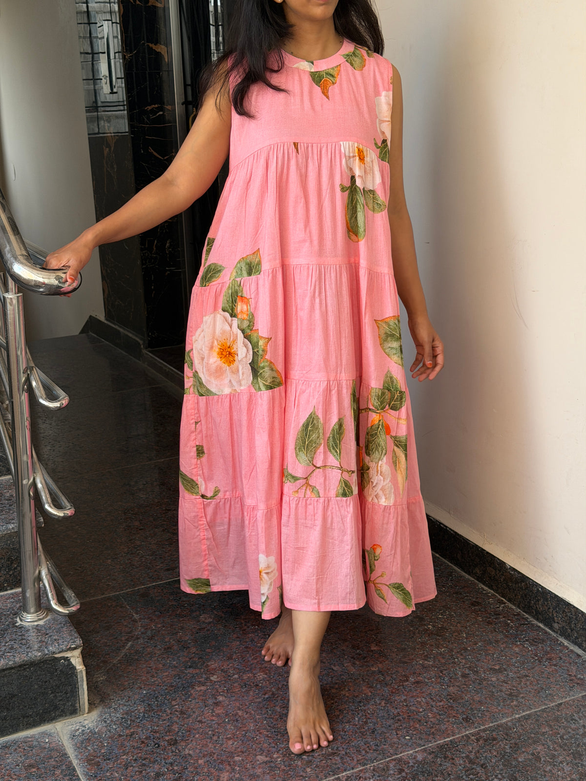 A0824 pink mul cotton floral digital printed tiered dress