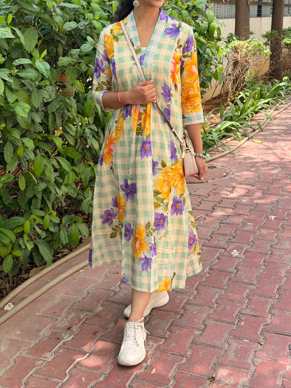 A0727 Green checks mul cotton dress with floral detailing