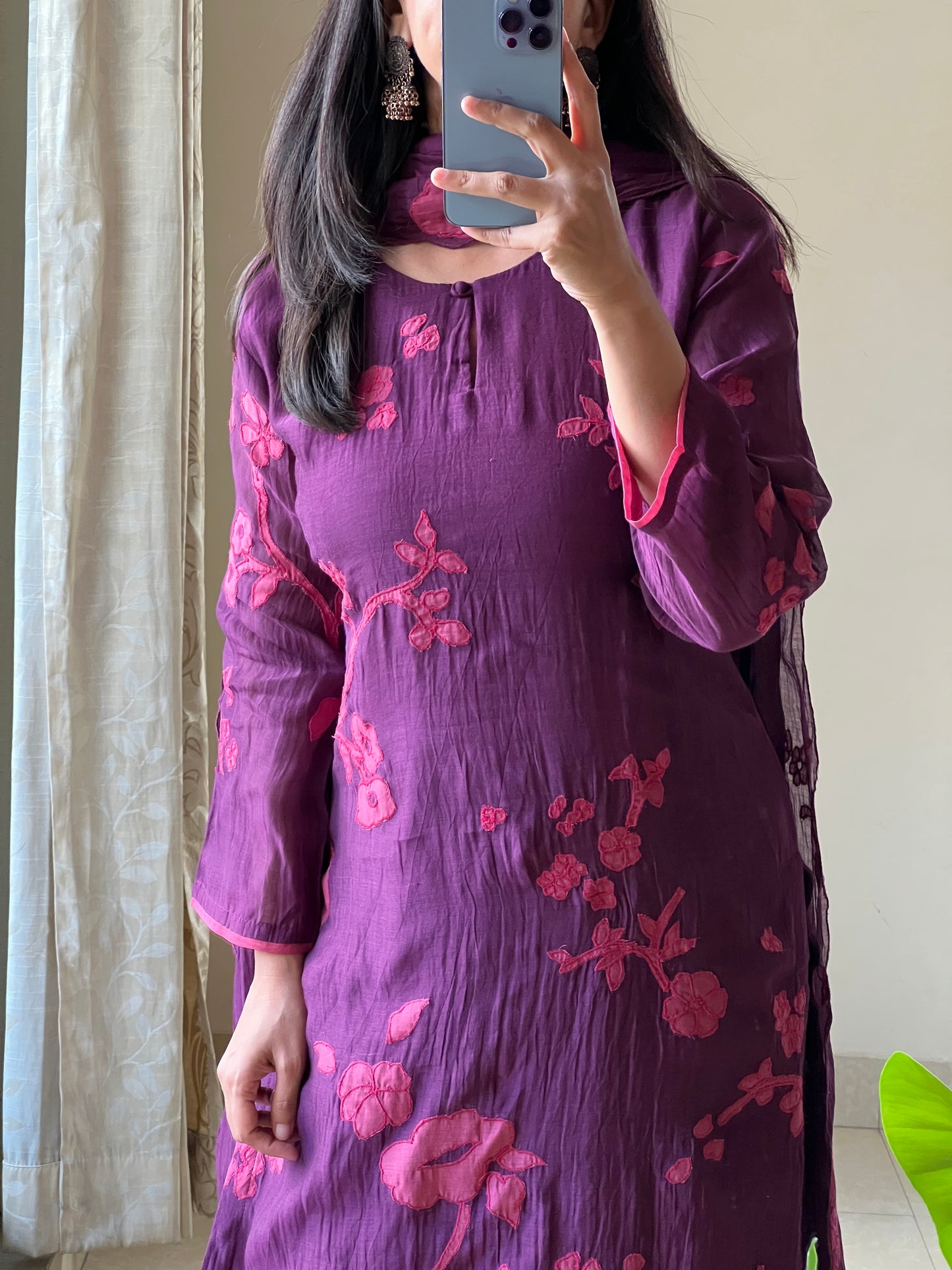 A0572 wine mul chanderi 3 piece dress with applique embroidery detailing all over the dress & duppatta