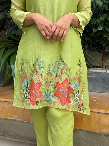 A0636 Beautiful pista green cooed set with hand embroidery detailing in Mul Chanderi fabric