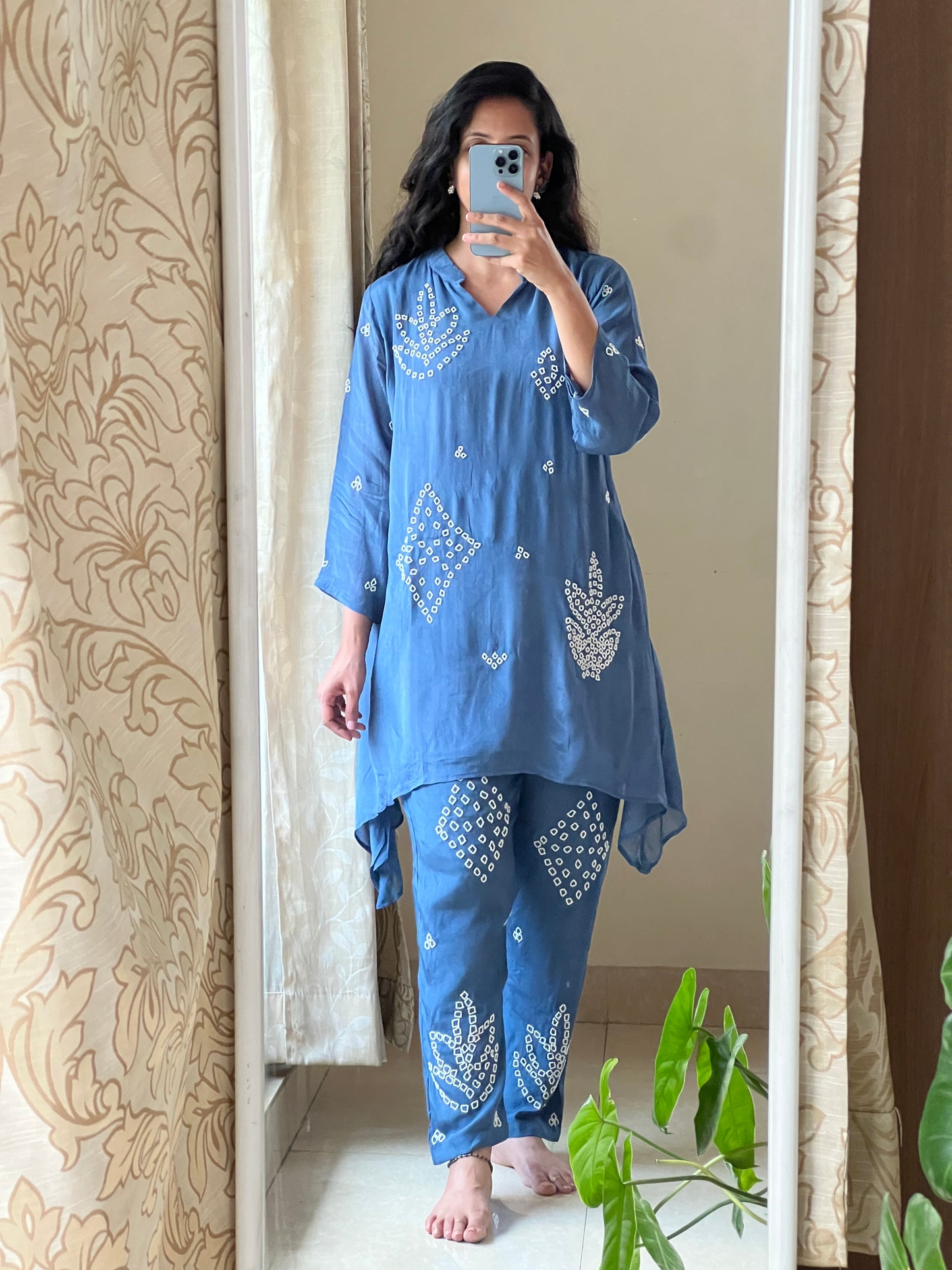 A0428 blue chinnon coord set with pearl embroidery detailing all over the dress and pants