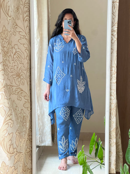 A0428 blue chinnon coord set with pearl embroidery detailing all over the dress and pants