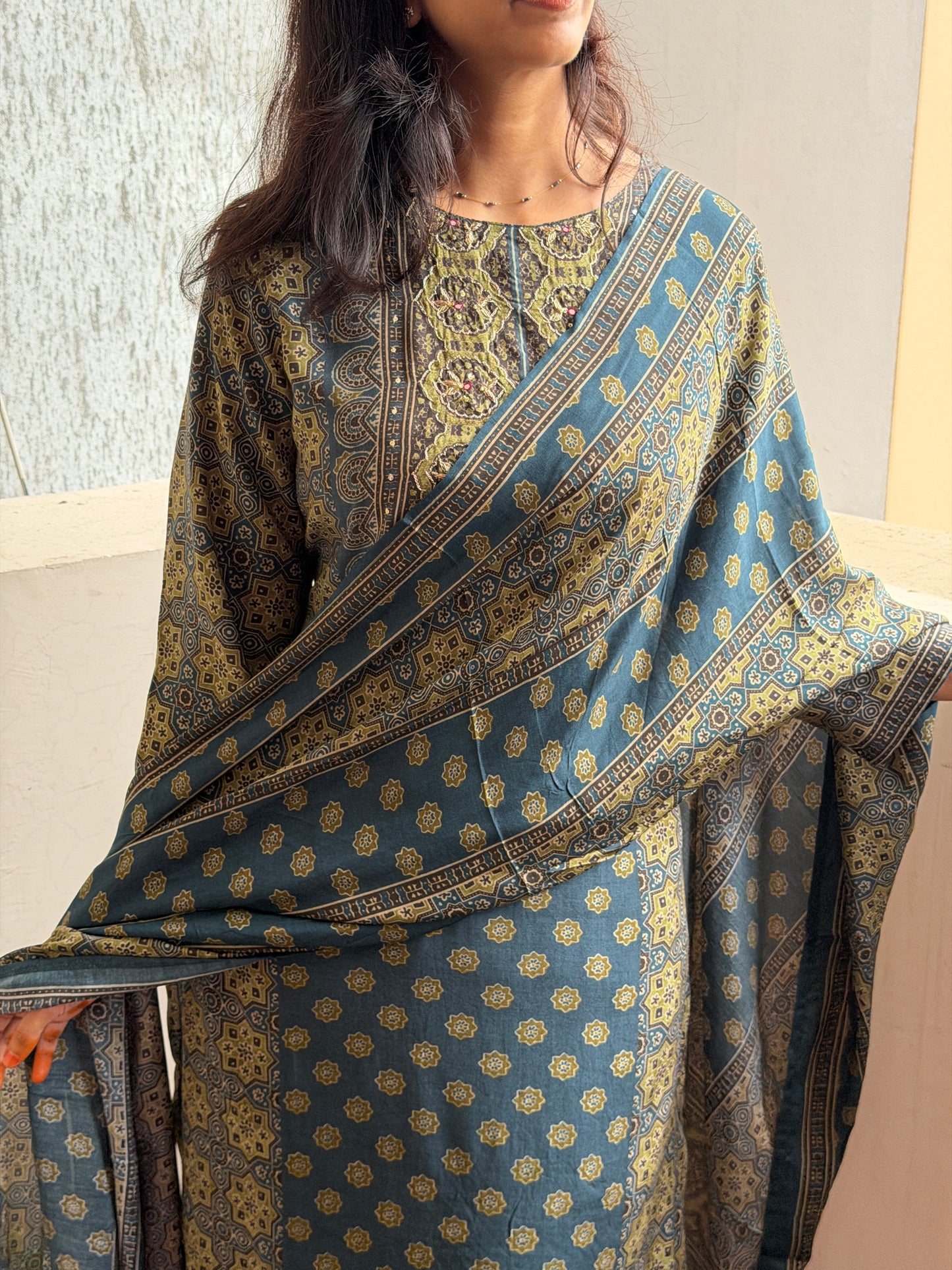 A0817 Blue premium muslin ajrakh print  3 piece suit