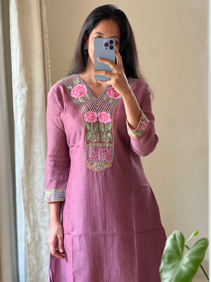 A0149 grape wine mul chanderi one piece dress with rose embroidery detailing