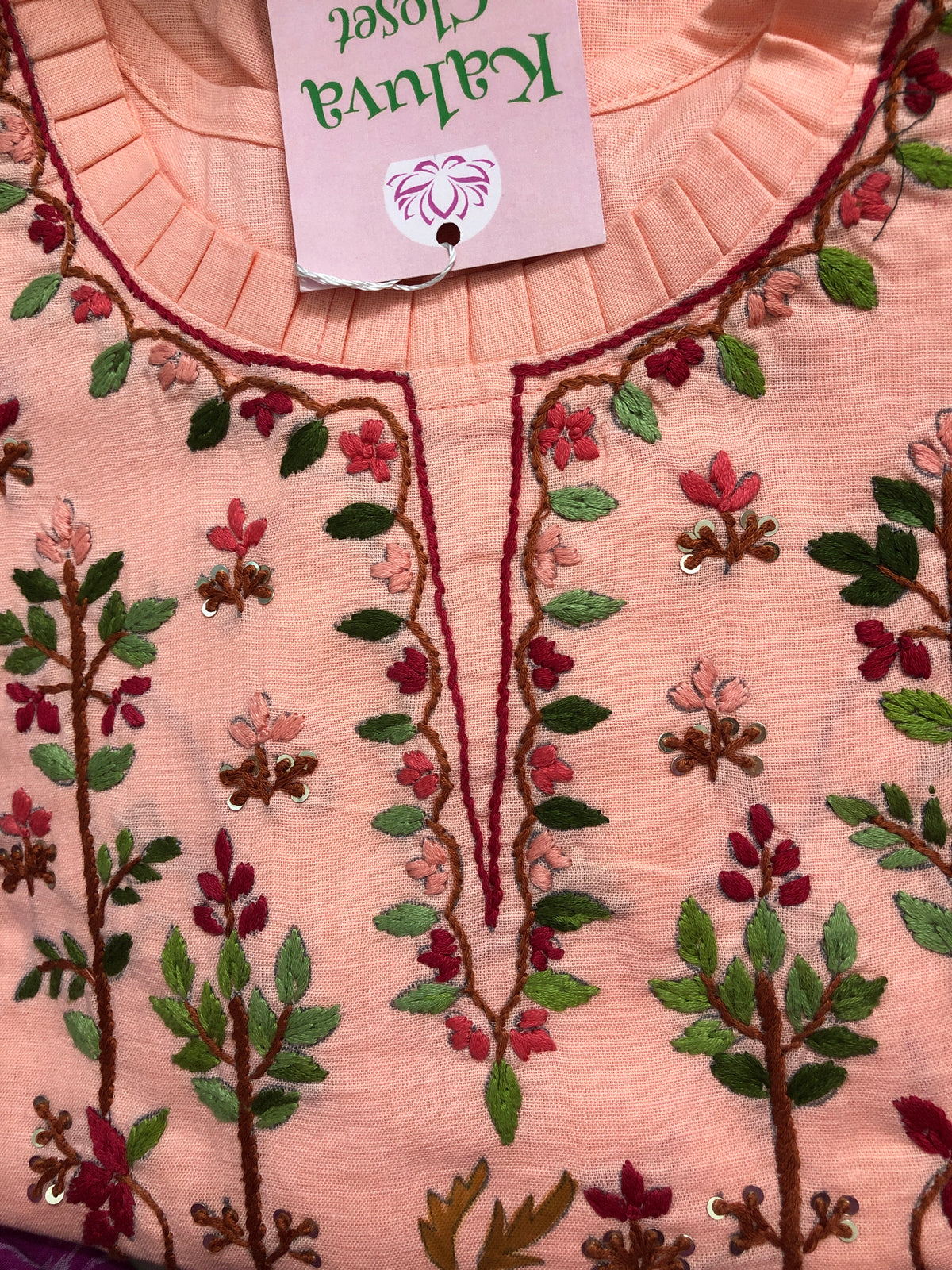 9058 Peach Handloom cotton thread work Kurti