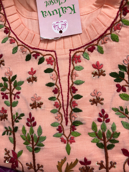 9058 Peach Handloom cotton thread work Kurti