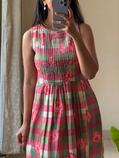 A0571 red premium handloom cotton checks & florals with hand embroidery detailing on yoke part