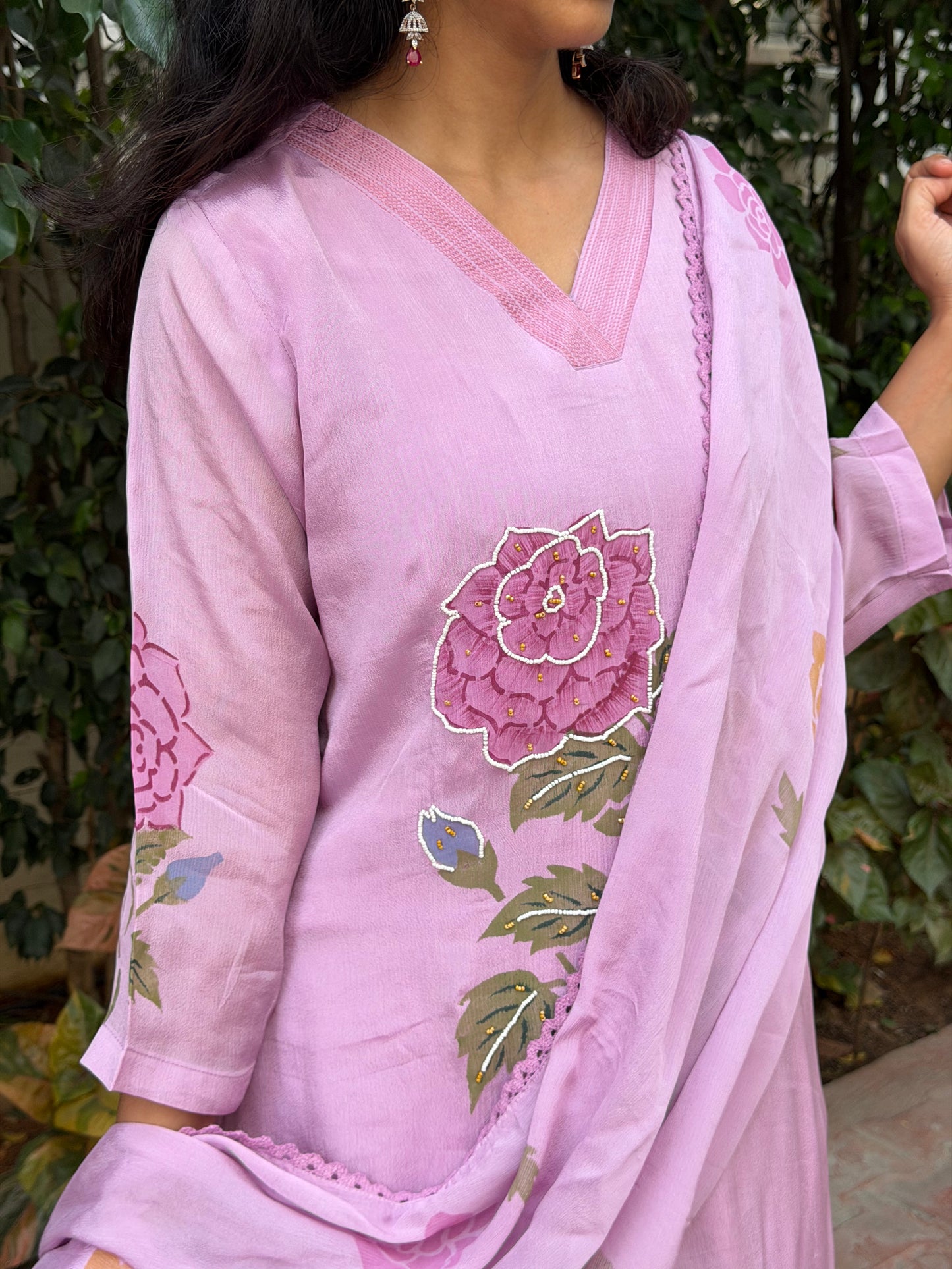 A0697 lilac chinnon 3 piece set with hand painting & Moti embroidery detailing