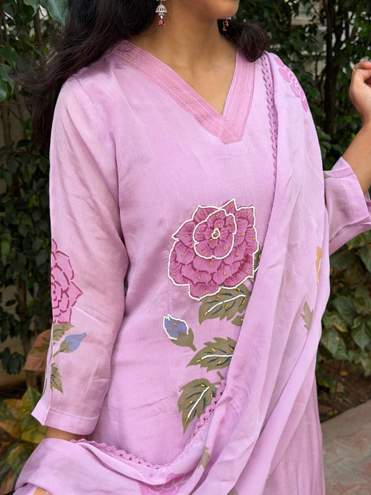 A0697 lilac chinnon 3 piece set with hand painting & Moti embroidery detailing