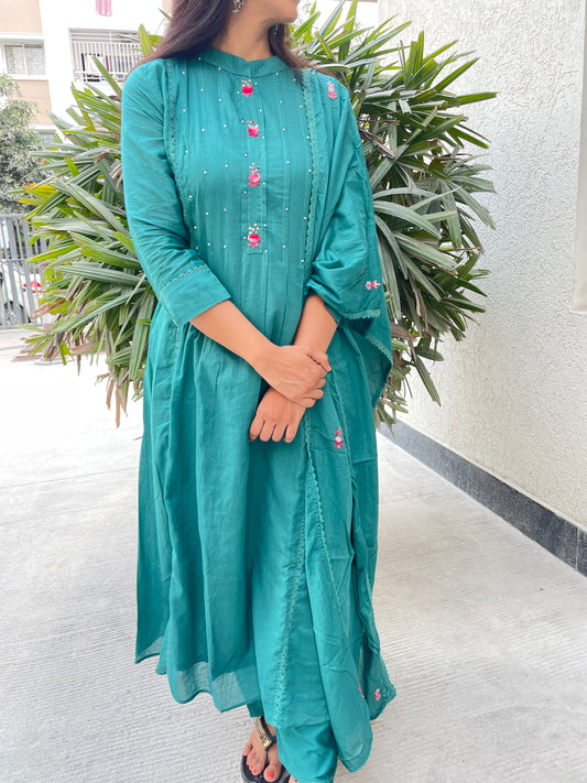 A0328 peacock green Mulmul 3 piece dress with pleats & hand embroidery detailing