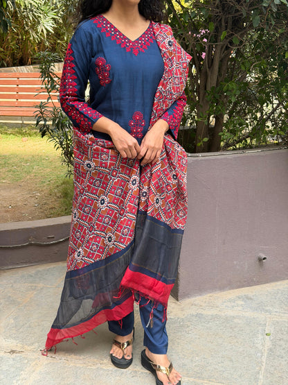 A0629 blue mul chanderi 3 piece dress with patola duppatta