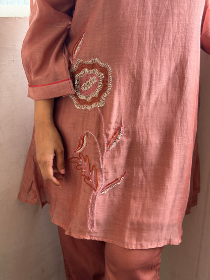 A0802 Mocha musse Premium Mul Chanderi 2pc set with embroidery detailing