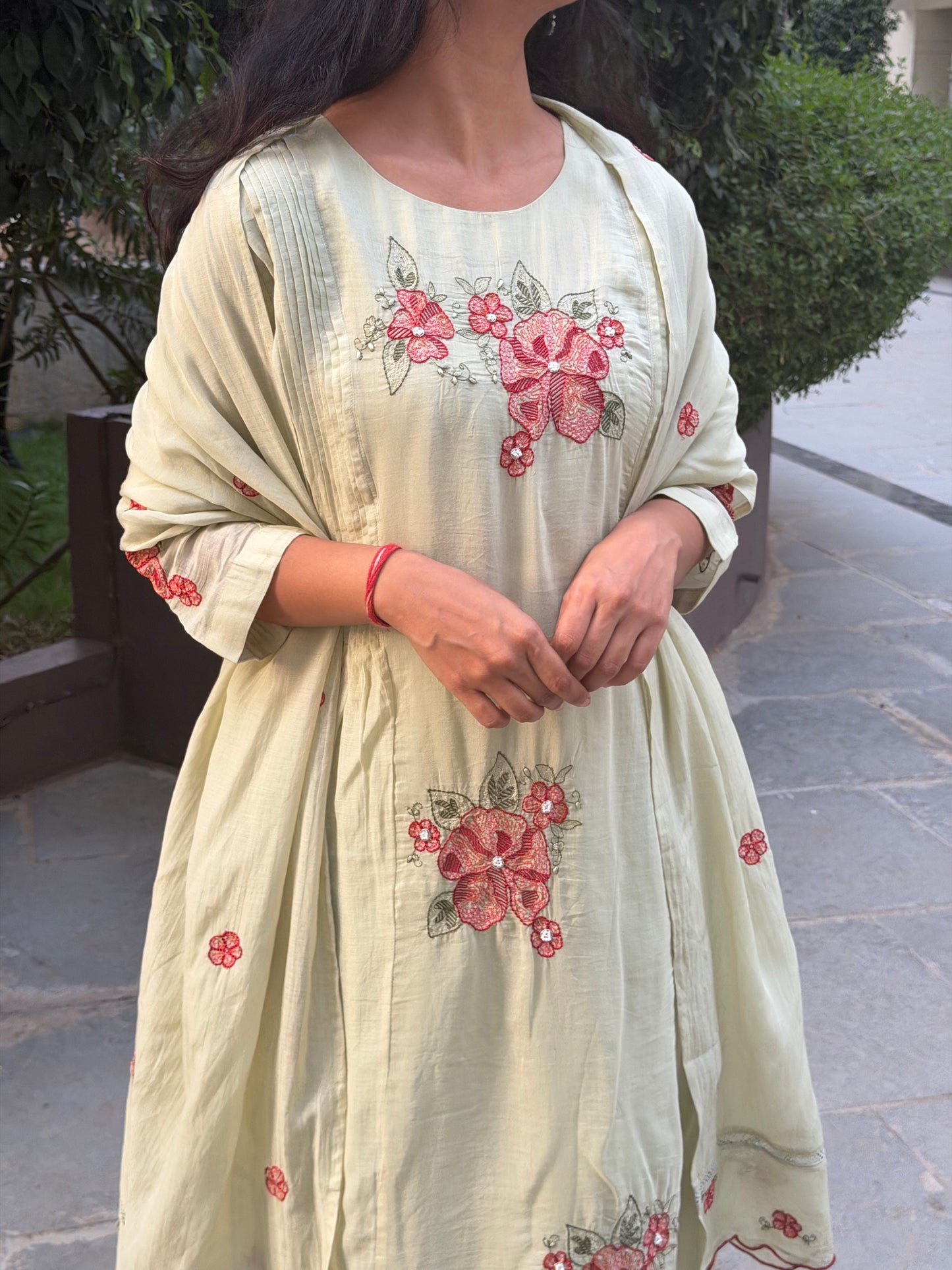 A0704 pista green mul chanderi 3 piece dress floral embroidery butties all over the dress comes with cut work duppatta