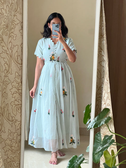 A0493 light sea green Kota one piece dress with embroidery detailing all over the dress