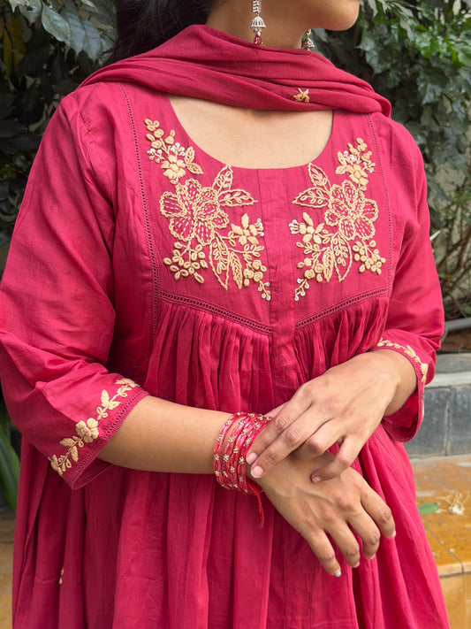 A0658 maroon Mul cotton 3pc set with embroidery detailing