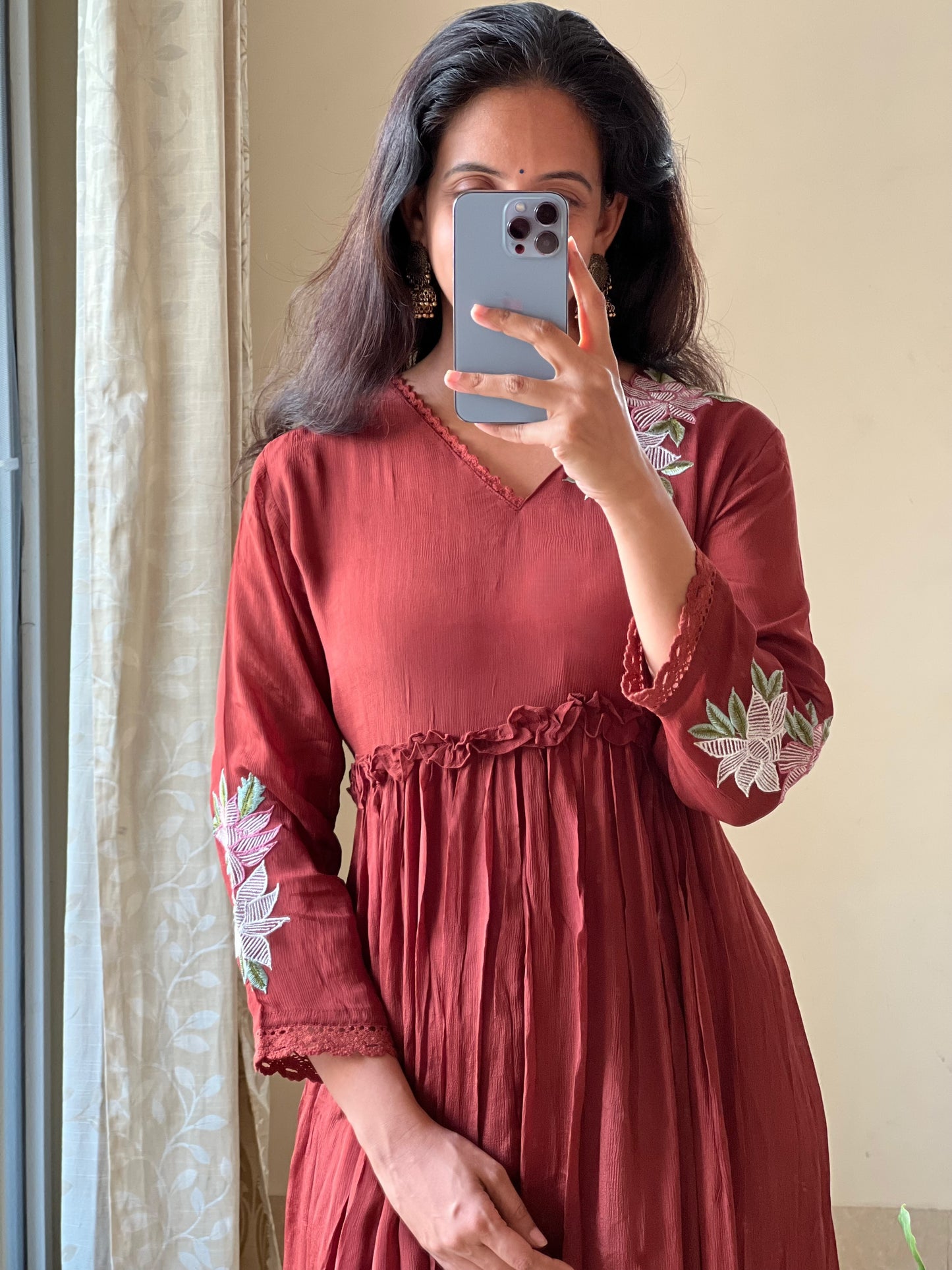 A0397 brown chinnon one piece dress with hand embroidery detailing