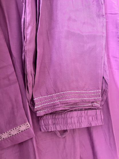 A0208 lavender muslin two piece set with big flower applique work detailing