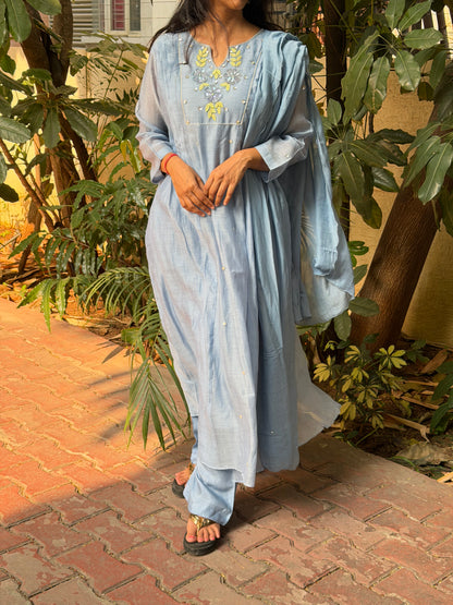 A0699 powder blue mul chanderi 3 piece set with hand embroidery detailing on yoke part comes with stall duppatta