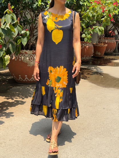 A0732 Black and yellow Mango print soft cotton silk dress