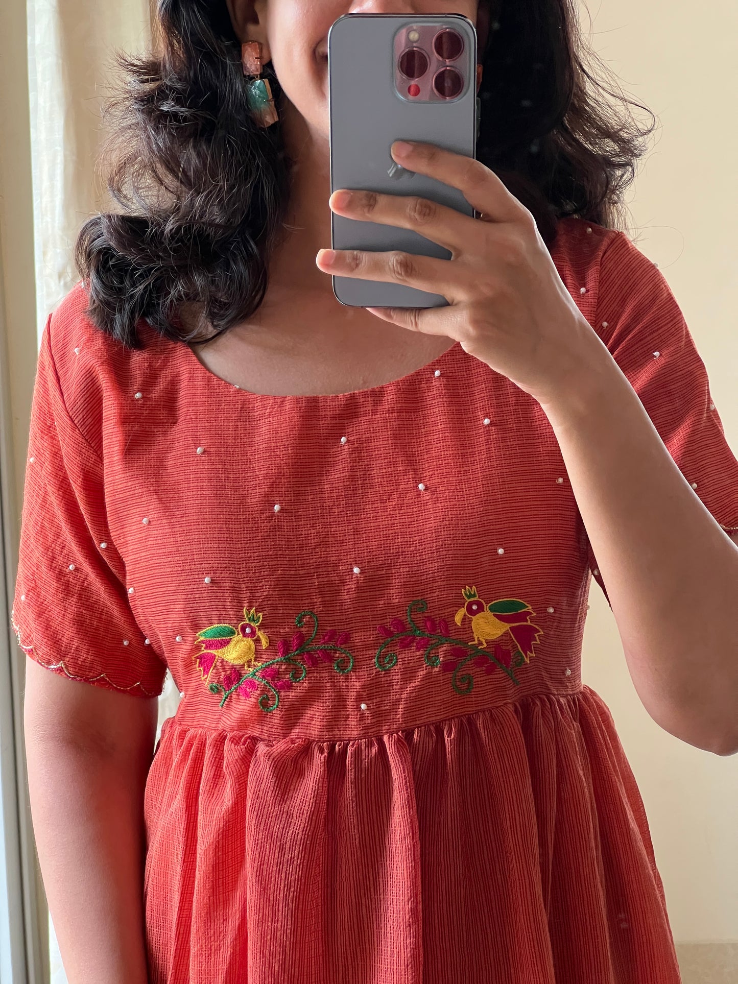 A0463 rust kota frock with birds hand embroidery detailing