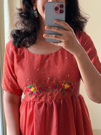 A0463 rust kota frock with birds hand embroidery detailing