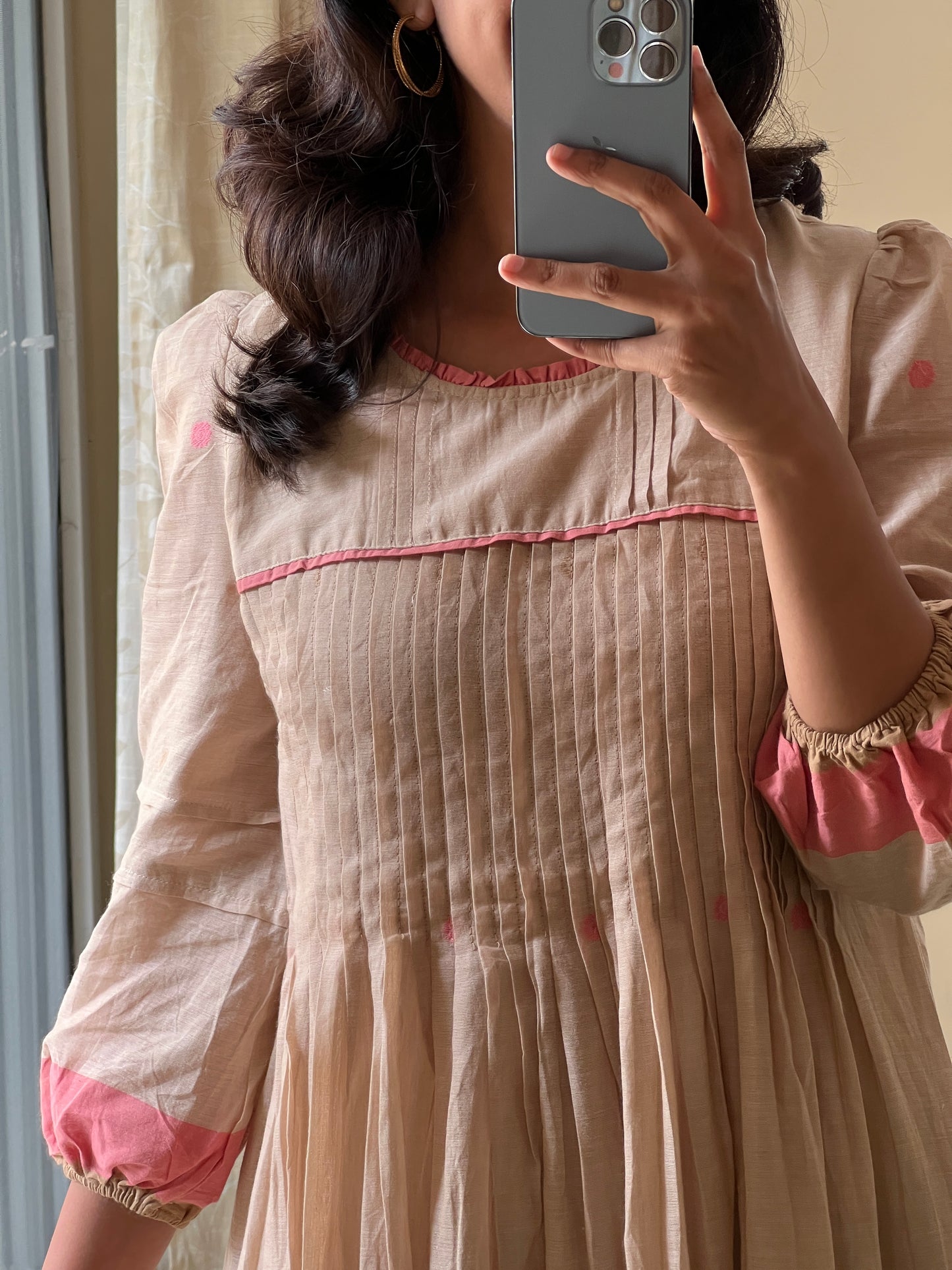 A0507 cream Bengal cotton jamdani one piece layered dress